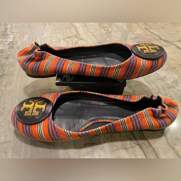 Tory Burch Reva Bauer Stripe Printed Canvas Flats - Picture 2 of 10